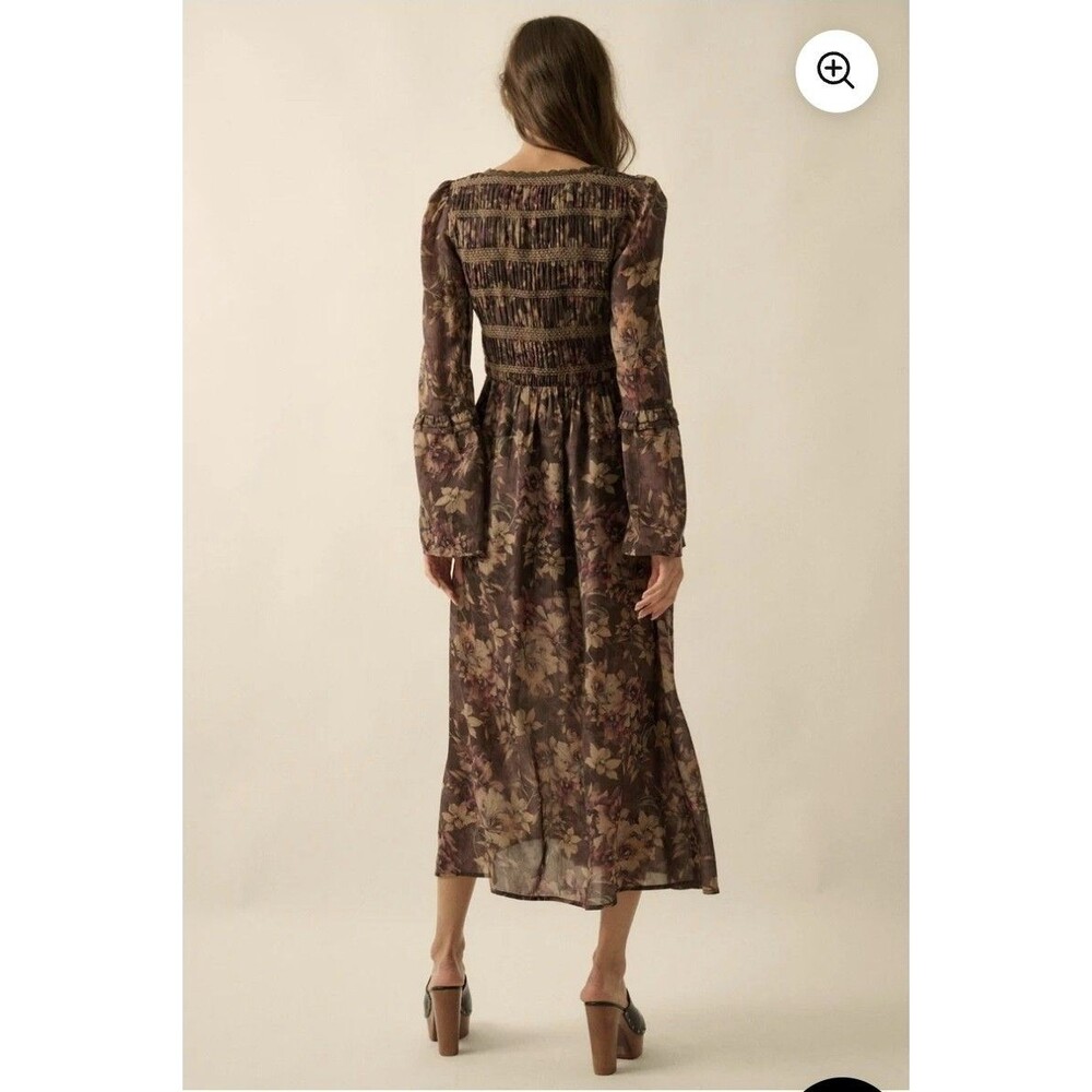 Promesa Small Brown Boho Blossoms Floral Bell-Sleeve Midi Dress Romantic Whimsy - Picture 3 of 12